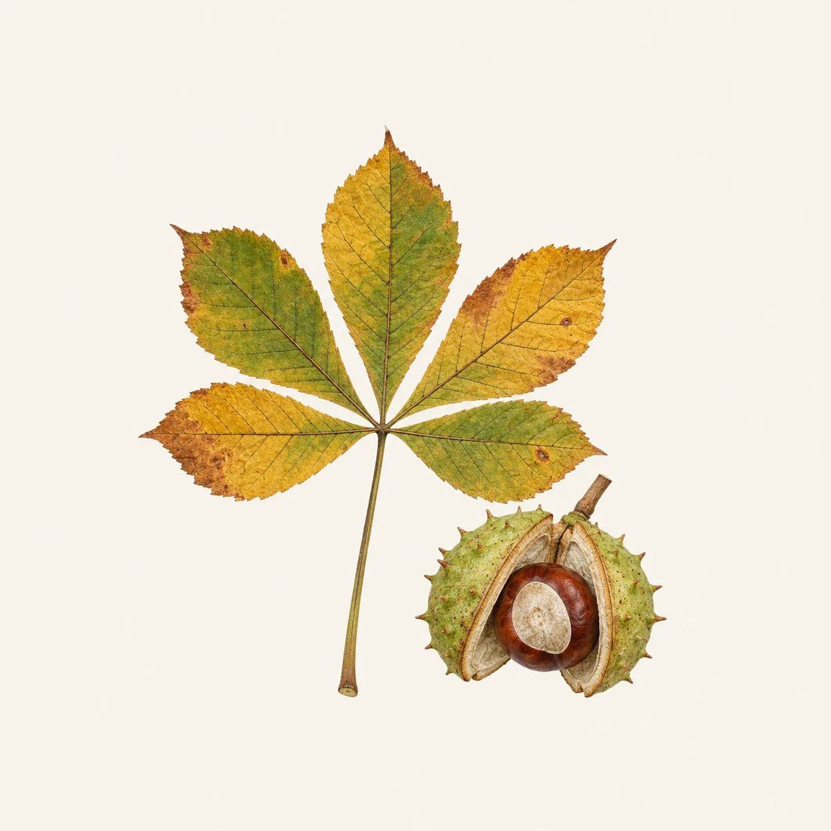 Aesculus hippocastanum: Feuille palmée à cinq folioles et capsule ouverte à épines espacées contenant une graine brune à hilum pâle.