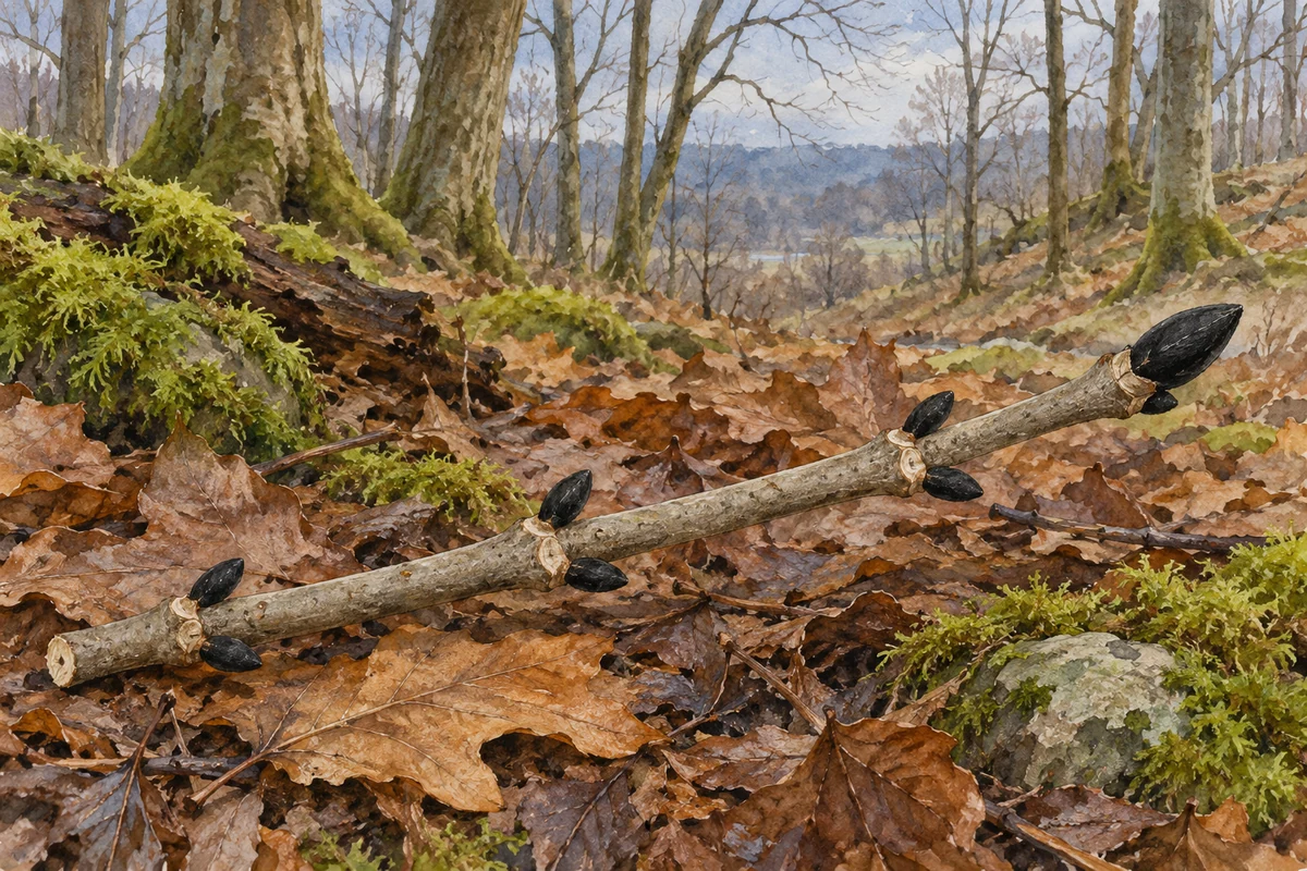 Rameau hivernal entier de frêne commun, bourgeons noirs opposés et bourgeon terminal plus grand, représenté sur litière de bois.