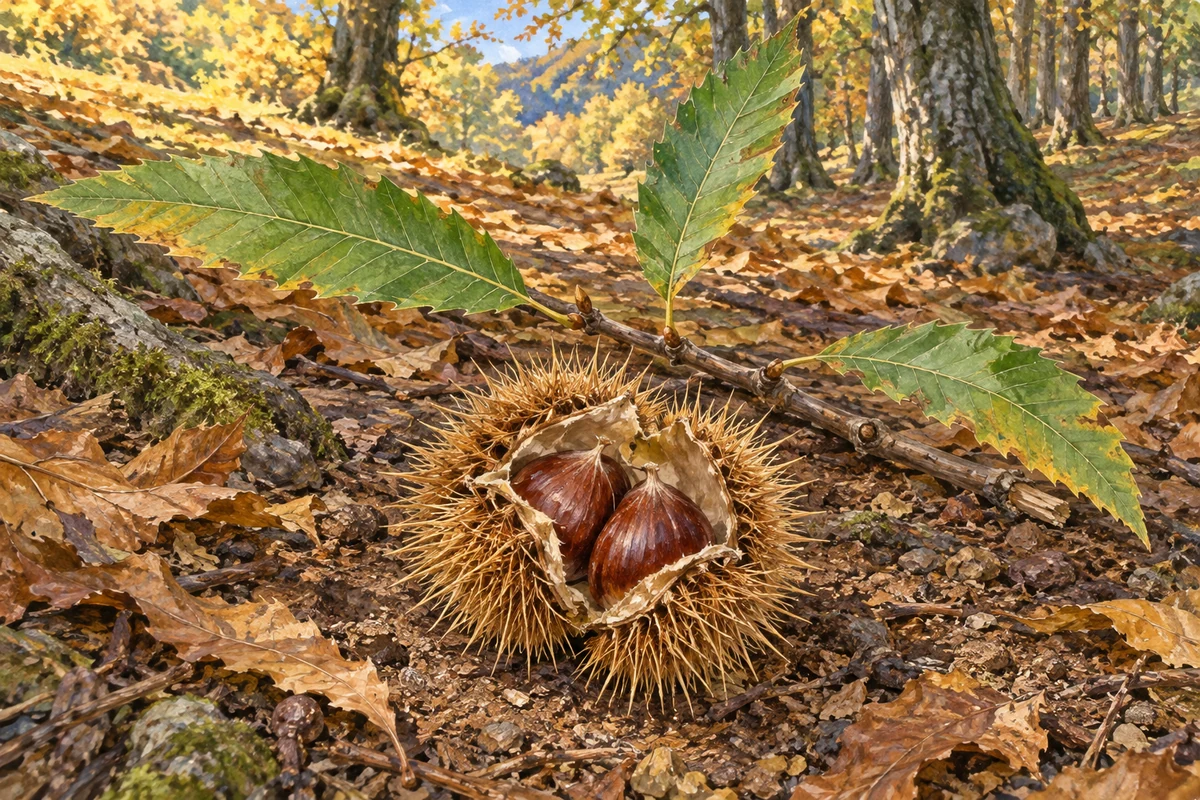 Châtaignier : feuilles simples alternes dentées et bogue ouverte à nombreuses épines fines contenant deux châtaignes.