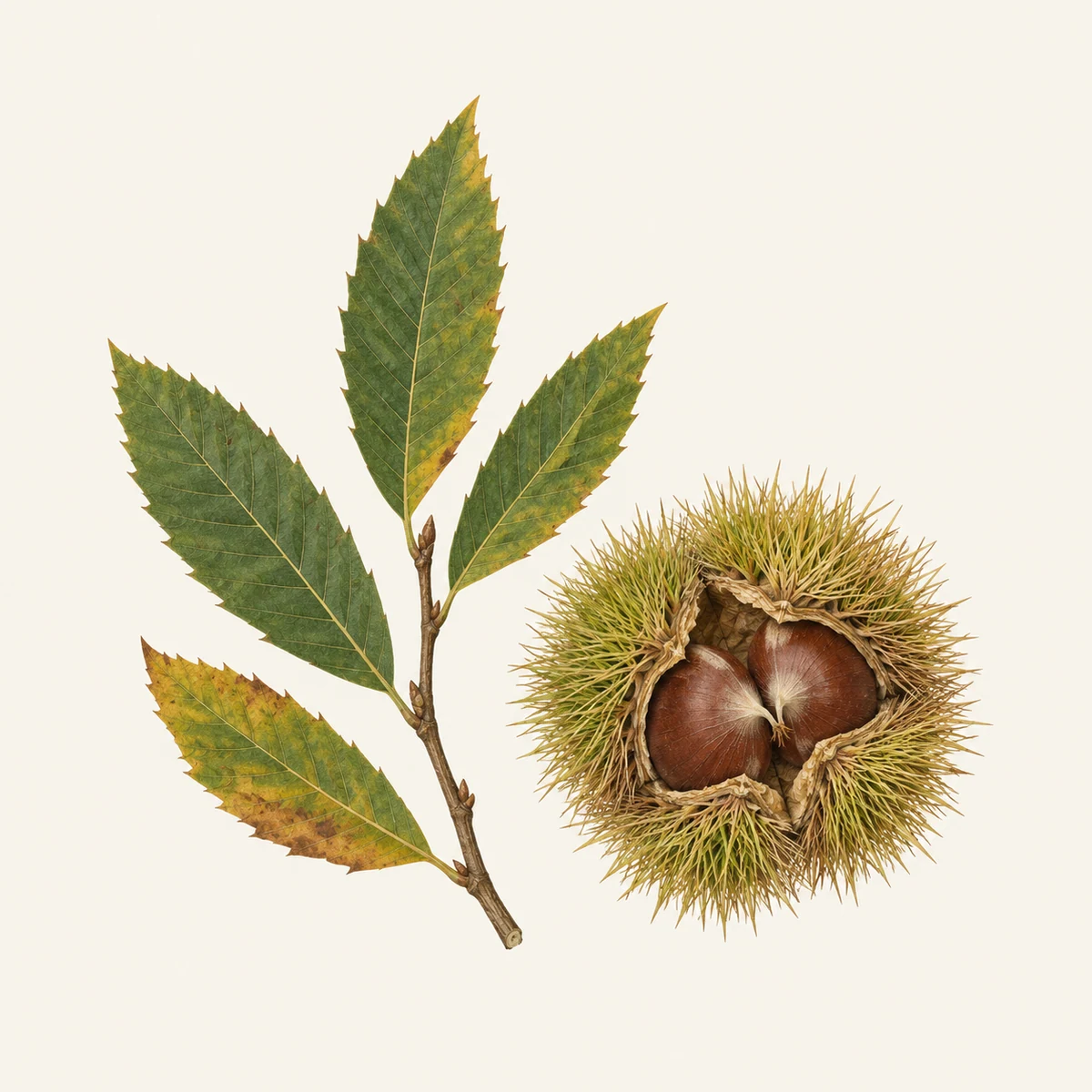 Castanea sativa: Feuilles simples dentées et bogue à épines fines denses contenant deux châtaignes.