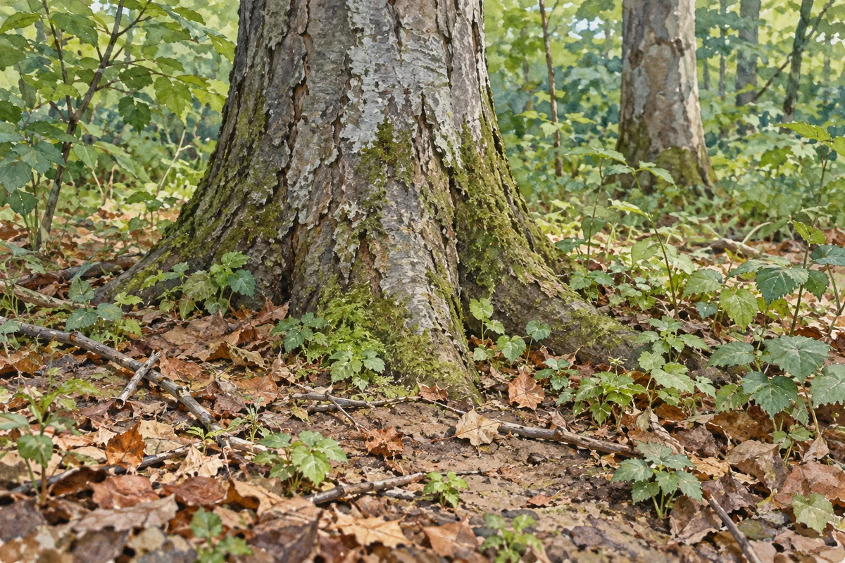 Base d'un tronc, litière, petites branches mortes, terre apparente et végétation basse.