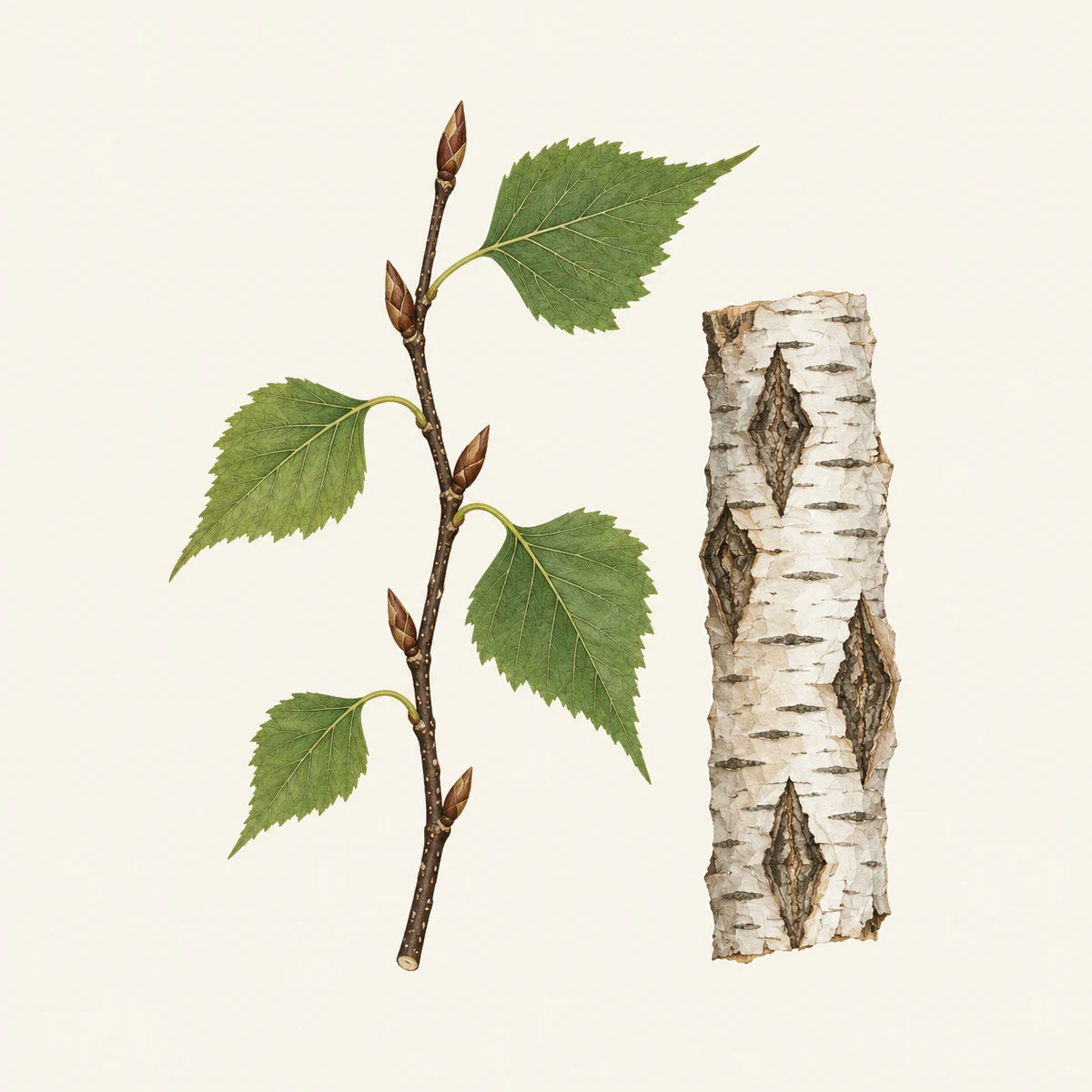 Betula pendula: Feuilles triangulaires doublement dentées sur rameau verruqueux; fragment de tronc blanc à fissures sombres.