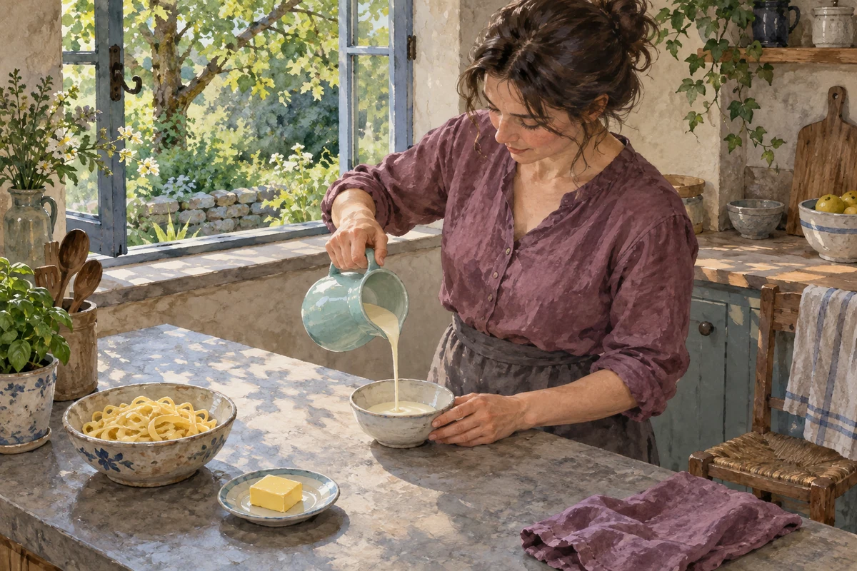 Une personne prépare de la crème près de pâtes et de beurre, dans une cuisine ouverte sur un jardin boisé.