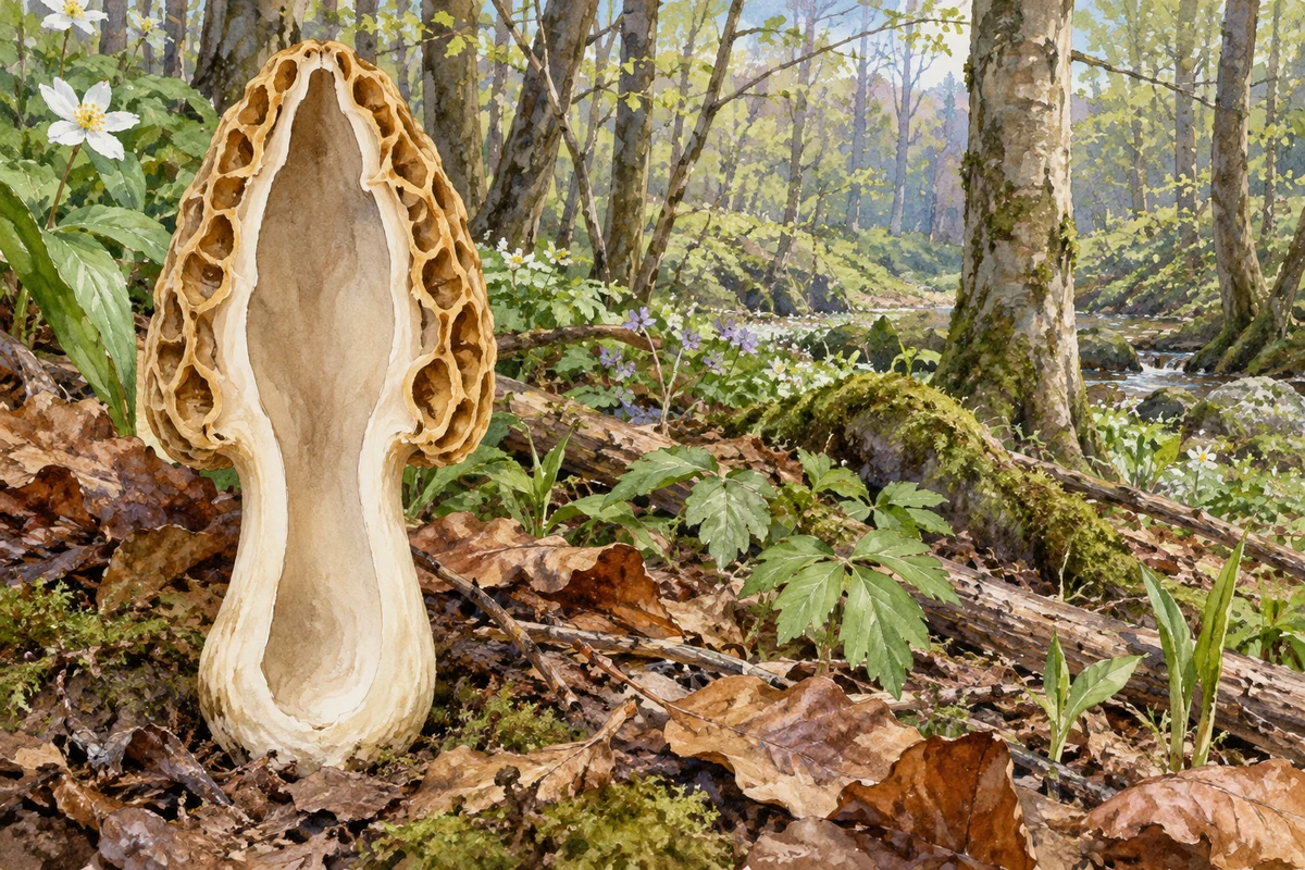 Coupe longitudinale d'une morille claire, avec cavité continue du chapeau au pied, dans un sous-bois printanier.