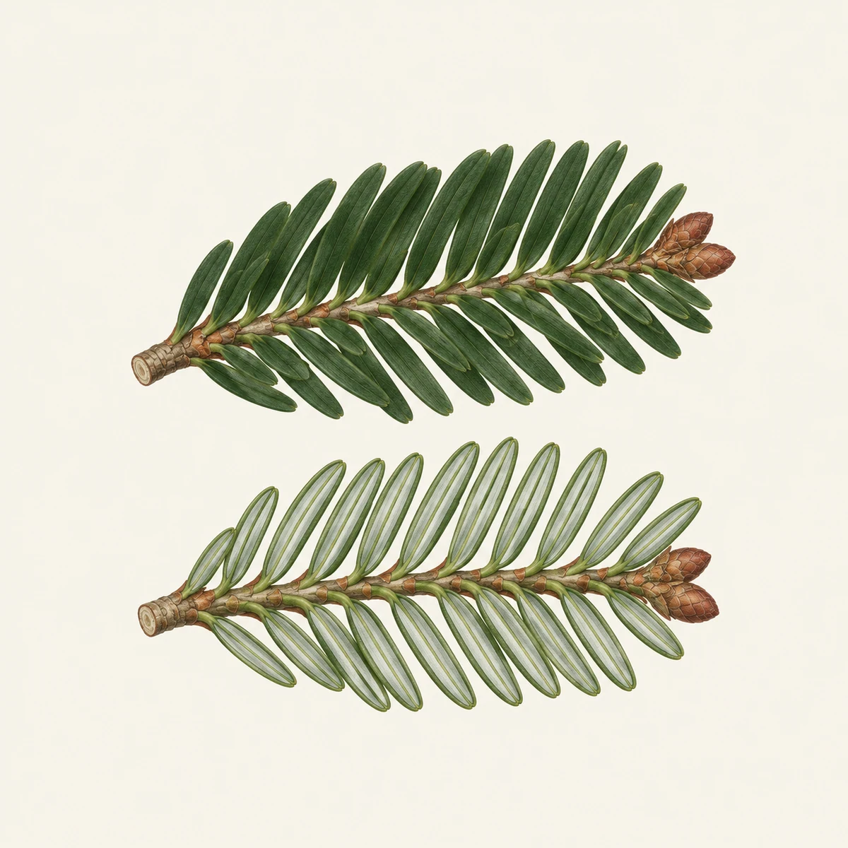 Abies alba: Deux vues de rameaux à aiguilles plates: dessus vert, dessous à deux bandes blanches; bourgeons bruns secs.