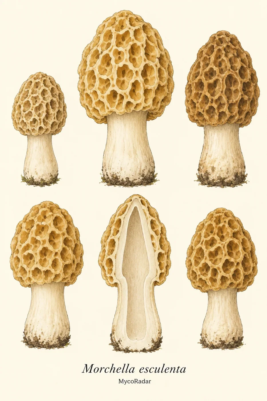 Morchella esculenta : planche scientifique du Guide MycoRadar.
