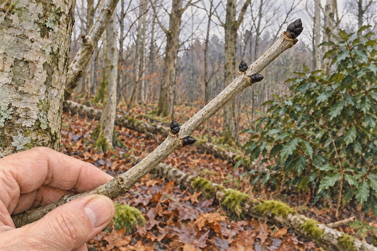 Bourgeons noirs dormants du frene commun sur un jeune rameau gris pale en foret.