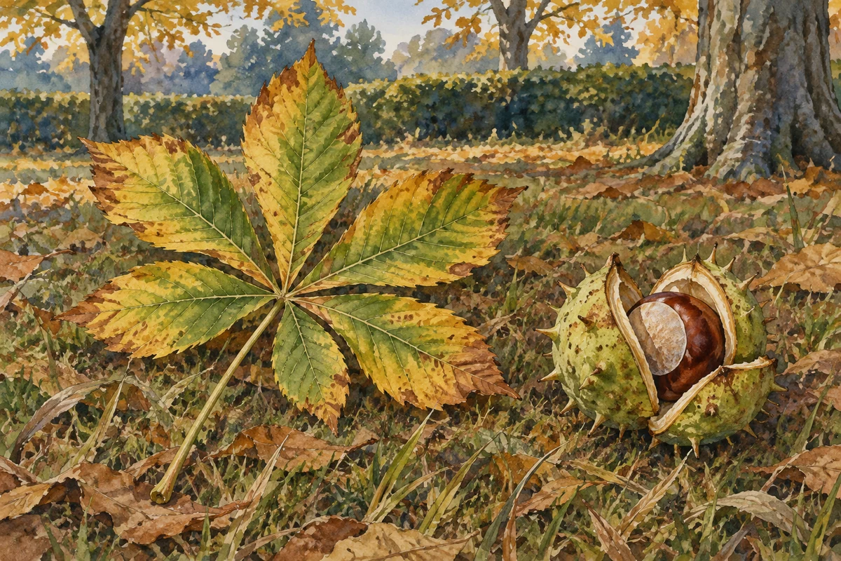 Marronnier : feuille palmée à sept folioles et capsule ouverte montrant une graine arrondie à cicatrice pâle.