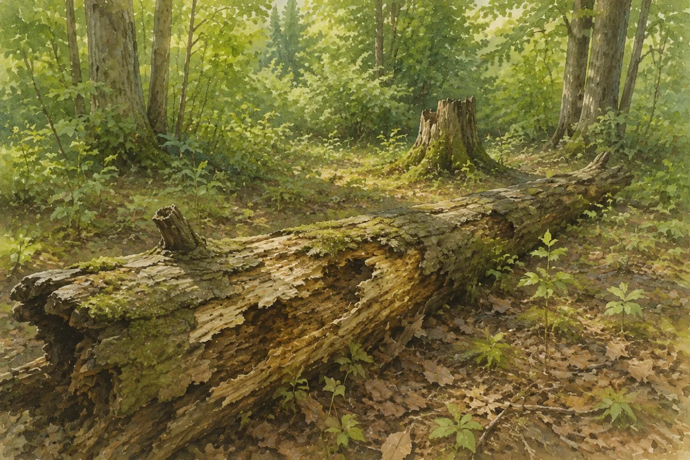 Bois mort feuillu, souche et tronc couché ou mourant