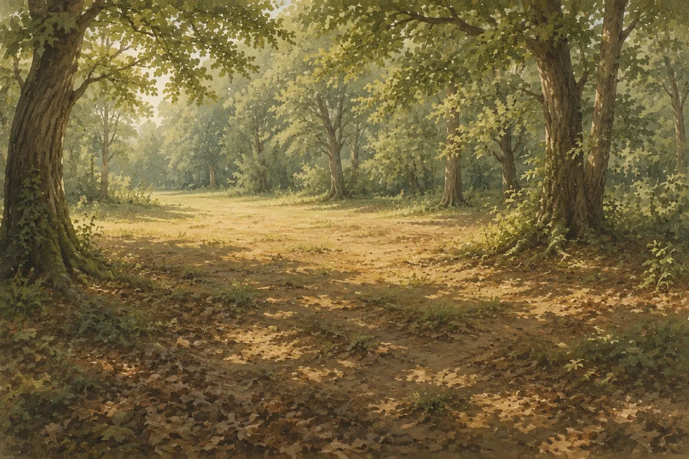 Clairière ensoleillée à vieux chênes